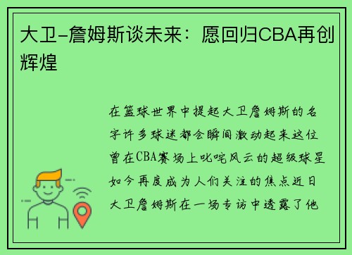 大卫-詹姆斯谈未来：愿回归CBA再创辉煌